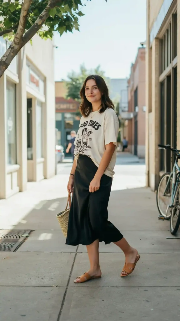 Black Satin Midi Skirt With A Graphic Tee