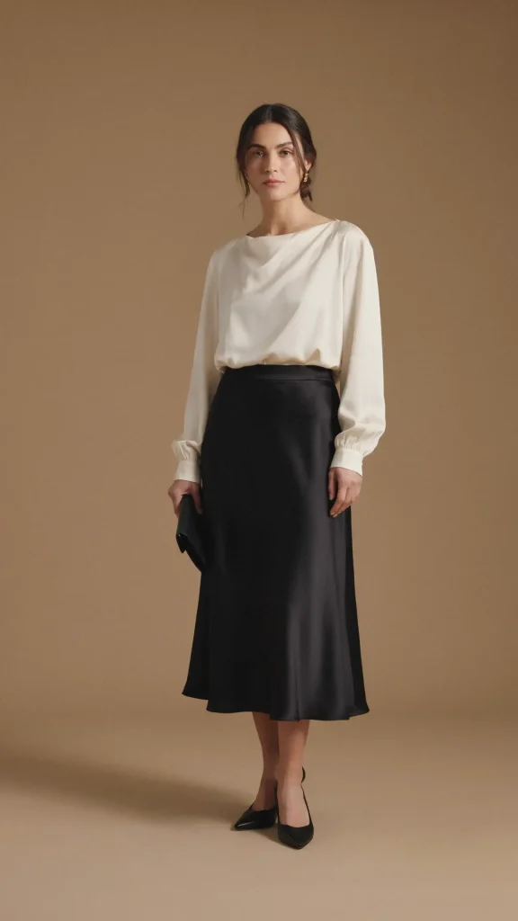 Black-Satin-Midi-Skirt-with-Ivory-Top-Modest-Wear-Style Black Satin Midi Skirt with Ivory Top Modest Wear Style