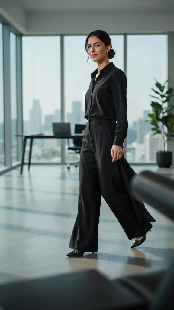 Black-Shirt-Wide-Leg-Pants-Set-Classic-Office-Summer-Outfit Black Shirt Wide Leg Pants Set Classic Office Summer Outfit
