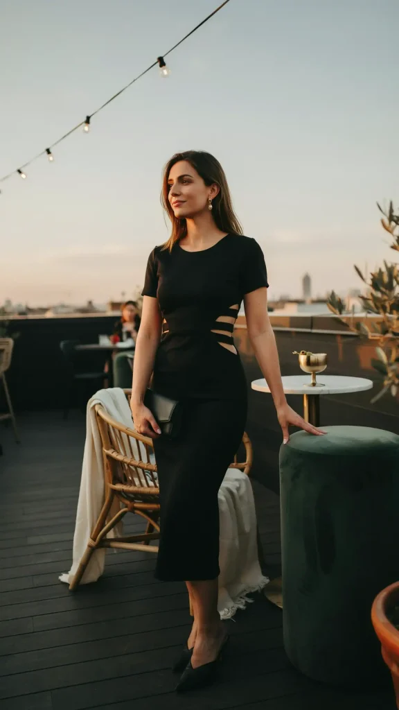Black-Side-Cut-Outs-Midi-Dress-In-Summer-Outfit-Ideas. Black Side Cut-Outs Midi Dress In Summer Outfit Ideas