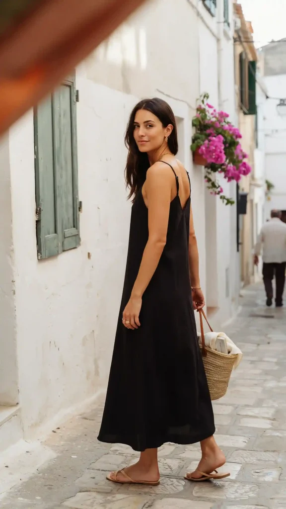 Black-Sleeveless-Flowy-Maxi-with-Natural-Straw-Tote-Bag Black Sleeveless Flowy Maxi with Natural Straw Tote Bag