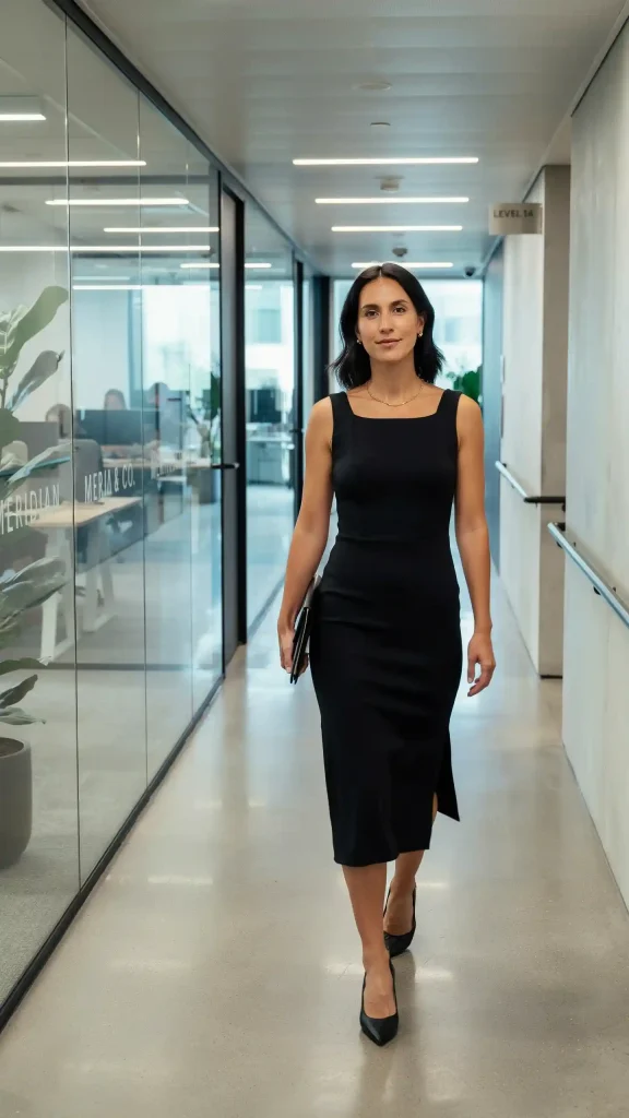 Black-Sleeveless-Midi-Dress-Sleek-Minimal-Office-Summer-Outfit Black Sleeveless Midi Dress Sleek Minimal Office Summer Outfit