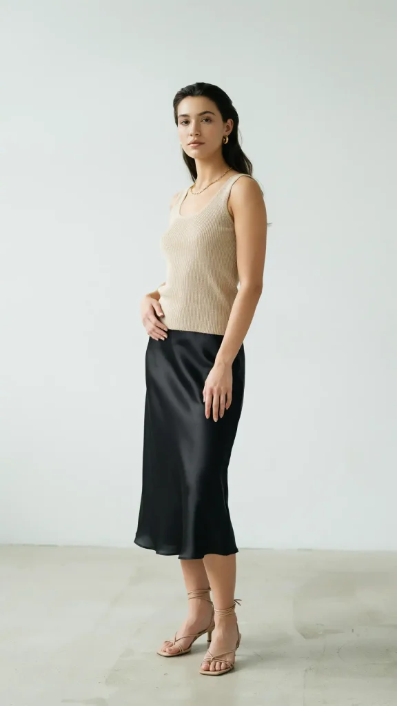 Black-Slip-Skirt-Worn-with-a-Beige-Sleeveless-Knit-Top-and-Strappy-Nude-Sandals Black Slip Skirt Worn with a Beige Sleeveless Knit Top and Strappy Nude Sandals