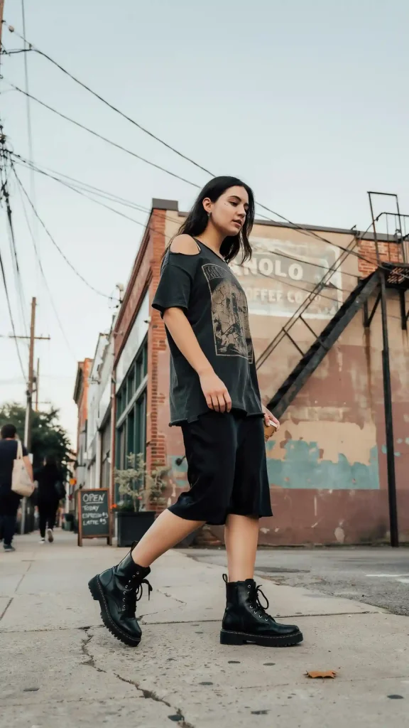 Black-Slip-Skirt-with-Dark-Gray-Vintage-Tee-and-Chunky-Boots Black Slip Skirt with Dark Gray Vintage Tee and Chunky Boots