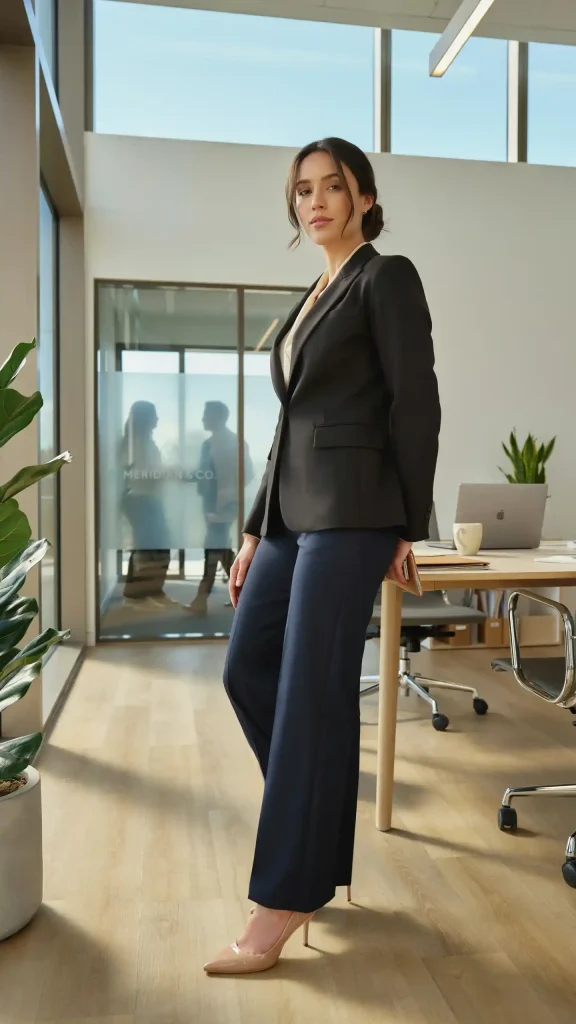 Black-Structured-Blazer-with-Navy-Wide-Leg-Trousers Black Structured Blazer with Navy Wide-Leg Trousers