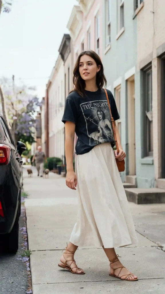 Black-Vintage-Tee-and-Earthy-Tone-Maxi-Skirt Black Vintage Tee and Earthy Tone Maxi Skirt
