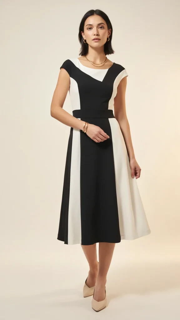 Black-and-White-Geometric-Color-Block-Midi-Dress-Neutral-Heels Black and White Geometric Color-Block Midi Dress & Neutral Heels