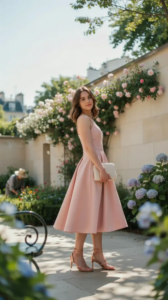 Blush-Pink-A-Line-Midi-Dress-With-Rose-Gold-Strappy-Heels Blush Pink A-Line Midi Dress With Rose Gold Strappy Heels