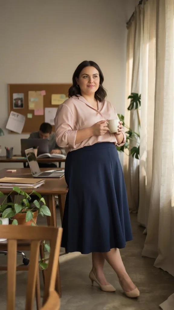 Blush Pink Blouse With A-Line Navy Skirt For Office