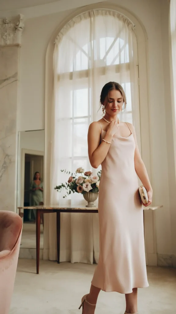 Blush-Pink-Midi-Dress-With-Pearl-Jewellery-Nude-Heels Blush Pink Midi Dress With Pearl Jewellery & Nude Heels