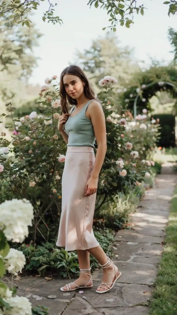 Blush-Pink-Slip-Skirt-Paired-with-a-Sage-Green-Tank-Top-and-White-Strappy-Sandals Blush Pink Slip Skirt Paired with a Sage Green Tank Top and White Strappy Sandals