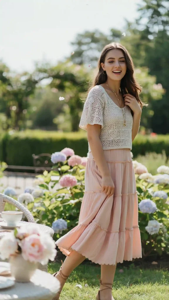 Blush-Pink-Tiered-Ruffled-Skirt-with-White-Crochet-Top Blush Pink Tiered Ruffled Skirt with White Crochet Top