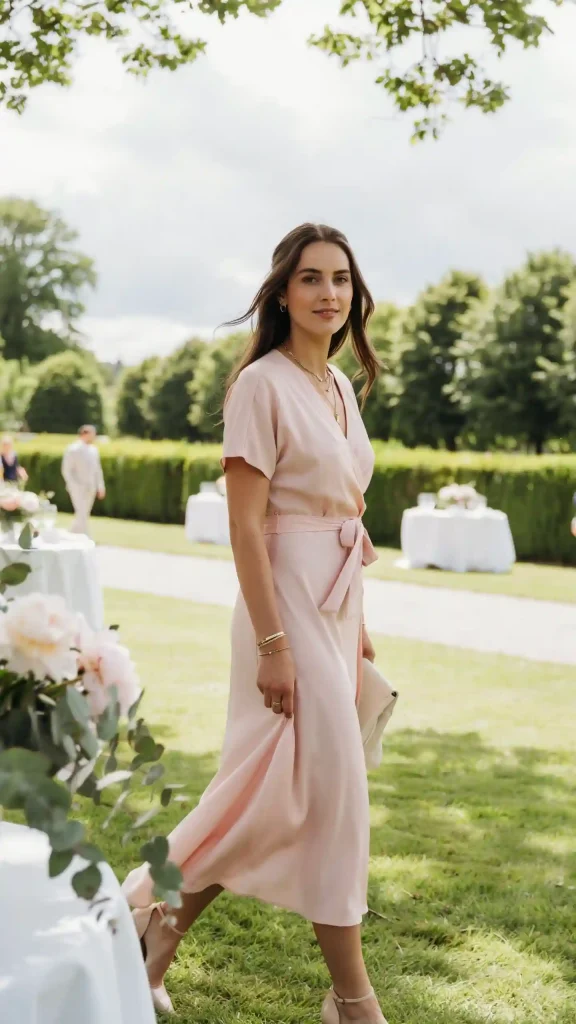 Blush-Pink-Wrap-Mid-Length-Dress-With-Gold-Jewellery-Nude-Heels Blush Pink Wrap Mid Length Dress With Gold Jewellery & Nude Heels