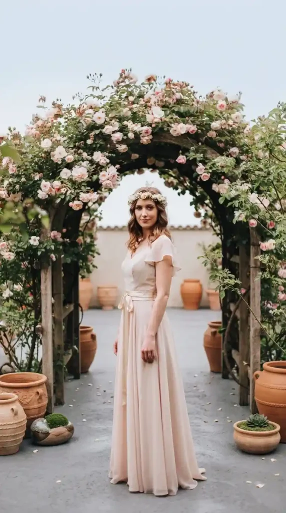 Blush-Silk-Gown-With-Delicate-Flutter-Sleeves-Champagne-Silk-Sash-Defines-Waistline Blush Silk Gown With Delicate Flutter Sleeves & Champagne Silk Sash Defines Waistline