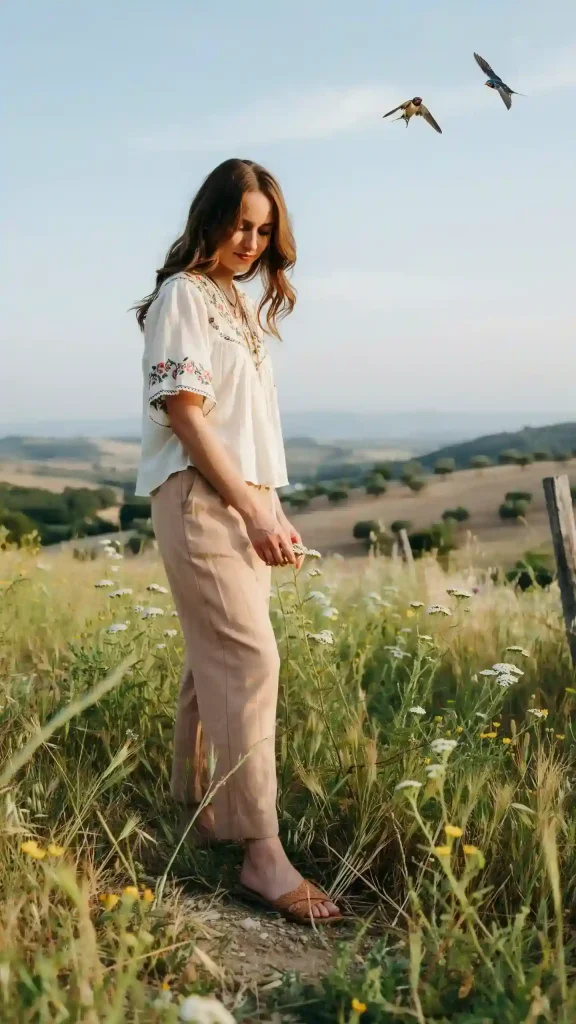 Boho Embroidered Top with Wide Linen Pants