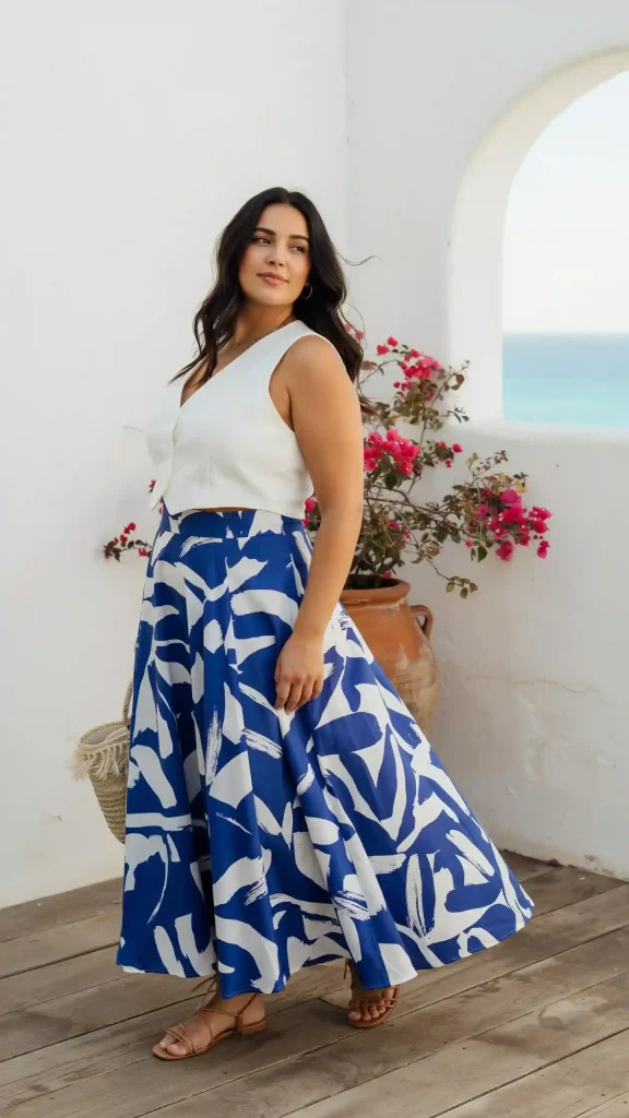 Bold Abstract Print Maxi Skirt and White Vest Top