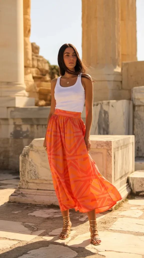 Bold-Orange-Geometric-Printed-Maxi-Skirt-and-White-Tank Bold Orange Geometric Printed Maxi Skirt and White Tank