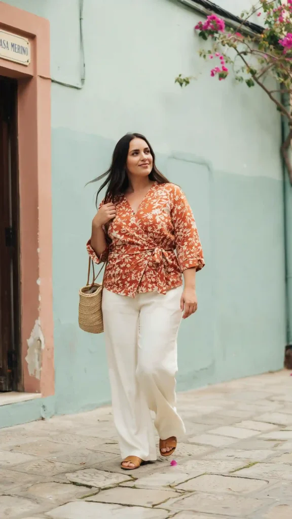 Bold-Printed-Wrap-Top-and-Cream-Wide-Leg-Pants Bold Printed Wrap Top and Cream Wide-Leg Pants