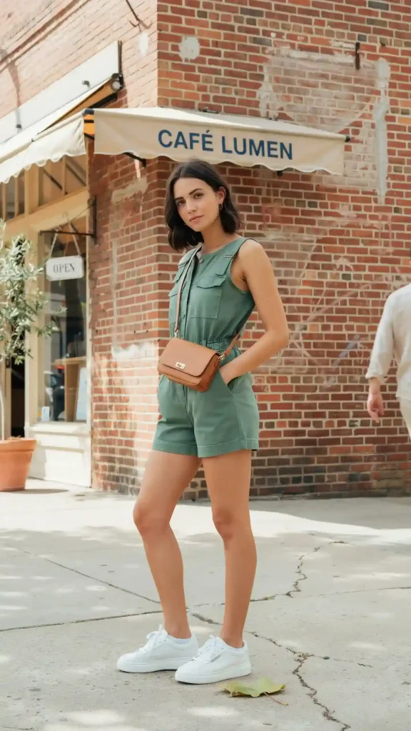 Bottle-Green-Utility-Romper-With-Chunky-White-Street-Sneakers Bottle Green Utility Romper With Chunky White Street Sneakers