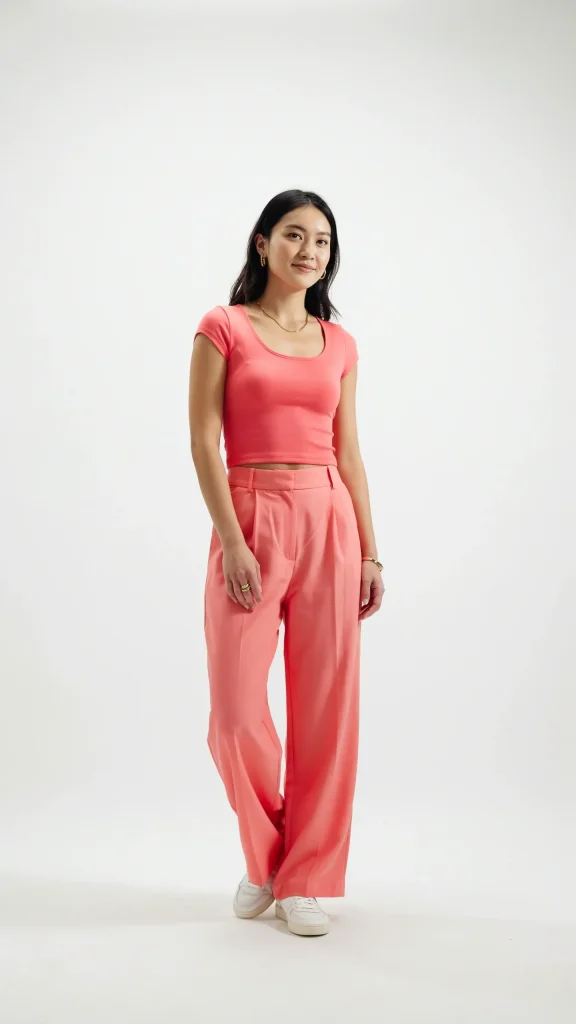 Bright-Coral-Crop-Top-And-High-Waist-Trousers-Co-ord-Set Bright Coral Crop Top And High-Waist Trousers Co-ord Set