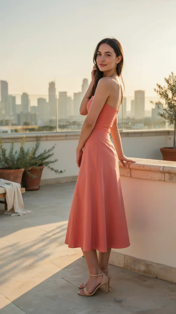 Bright-Coral-Strapless-Bandeau-Midi-Dress Bright Coral Strapless Bandeau Midi Dress