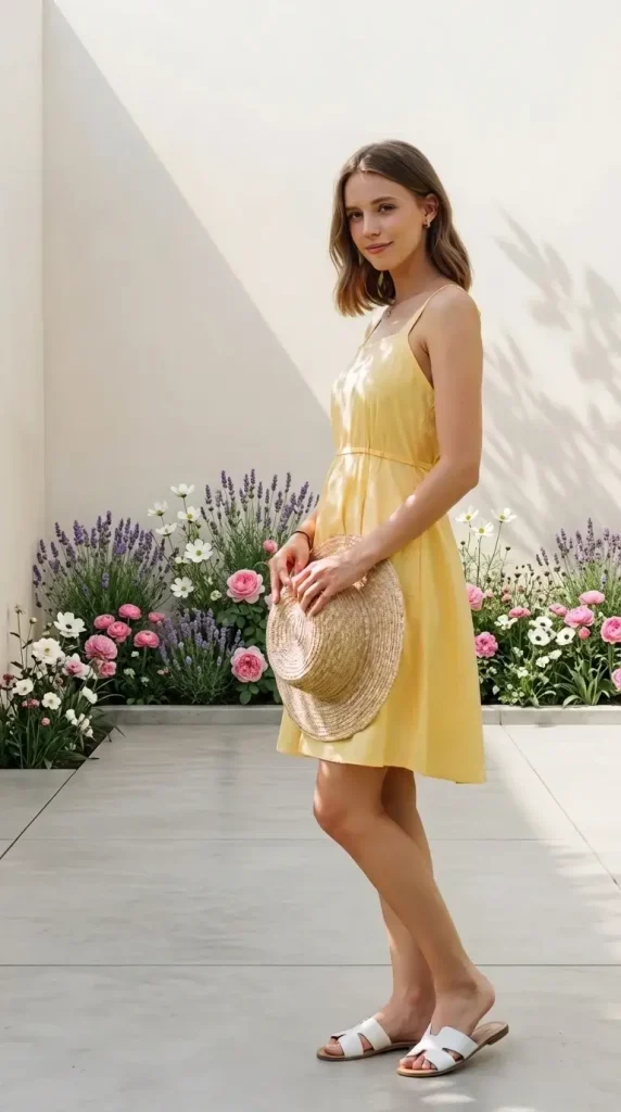Bright-Yellow-Cotton-Sundress-With-White-Sandals Bright Yellow Cotton Sundress With White Sandals