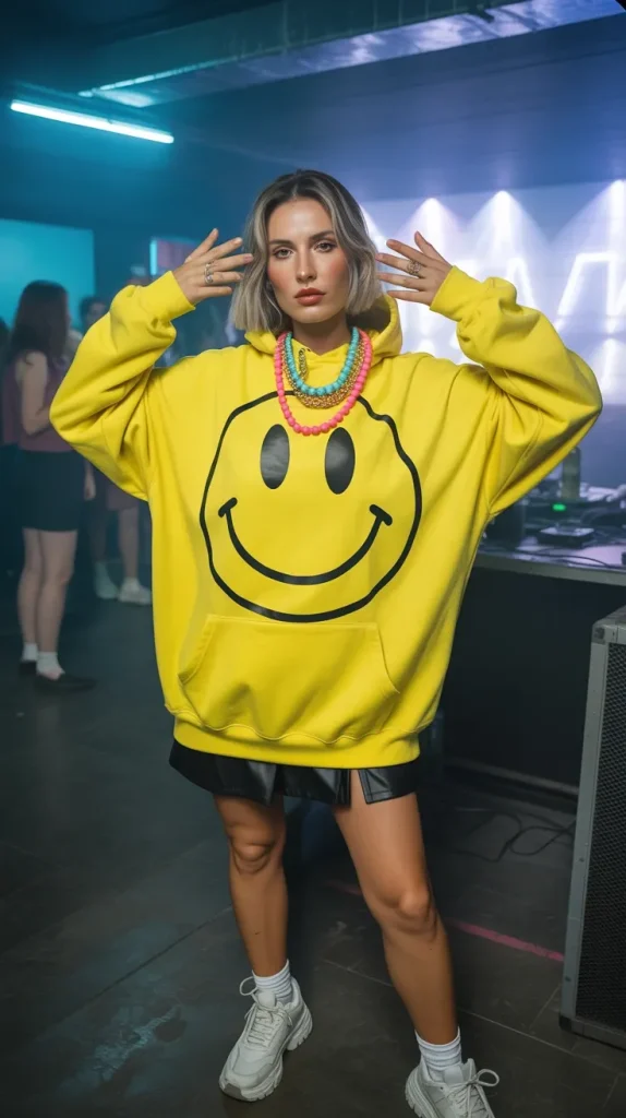 Bright-Yellow-Smiley-Hoodie-With-Black-Mini-Skirt Bright Yellow Smiley Hoodie With Black Mini Skirt