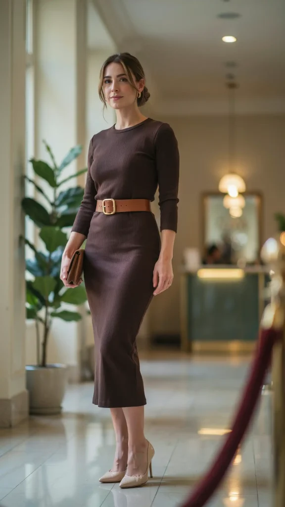 Brown-Bodycon-Midi-With-Wide-Brown-Belt Brown Bodycon Midi With Wide Brown Belt