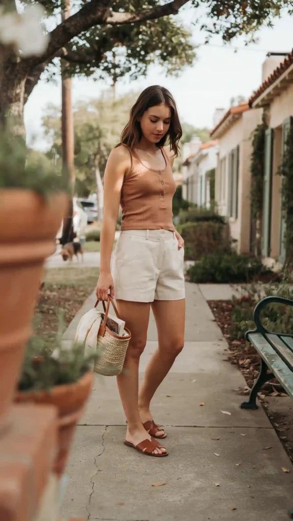 Brown-Button-Tank-Top-with-Cream-Linen-Shorts-Casual Brown Button Tank Top with Cream Linen Shorts Casual