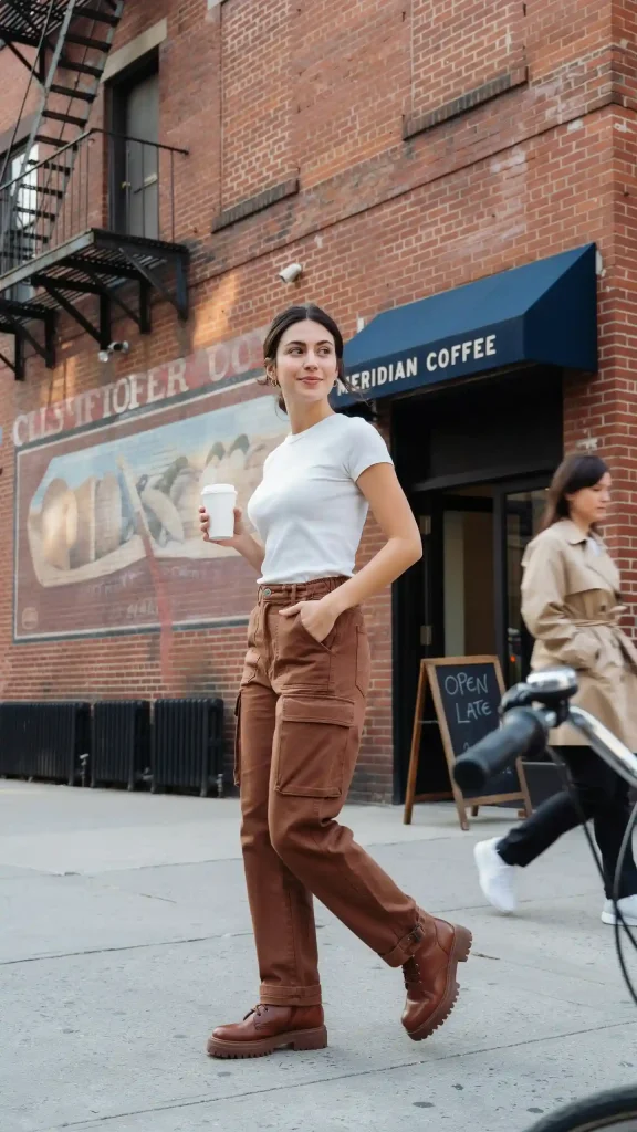 Brown-Cargo-Pants-With-White-Fitted-Tee Brown Cargo Pants With White Fitted Tee