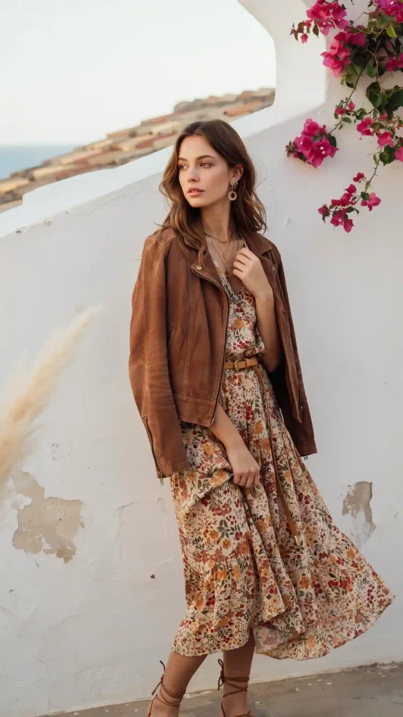 Brown-Crop-Jacket-With-Flowy-Matching-Floral-Skirt Brown Crop Jacket With Flowy Matching Floral Skirt