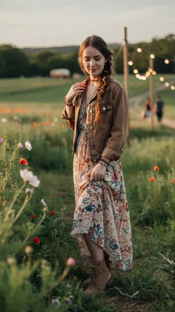 Brown-Denim-Jacket-With-Floral-Maxi-Dress Brown Denim Jacket With Floral Maxi Dress