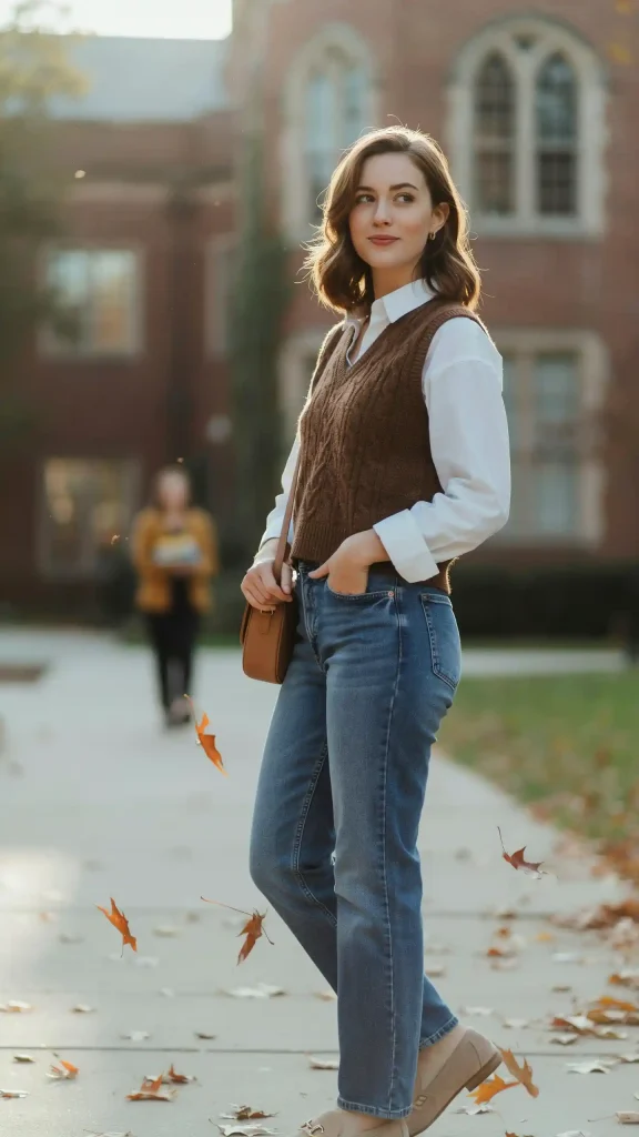 Brown-Knit-Vest-Layered-Over-Long-Sleeve-Top Brown Knit Vest Layered Over Long-Sleeve Top