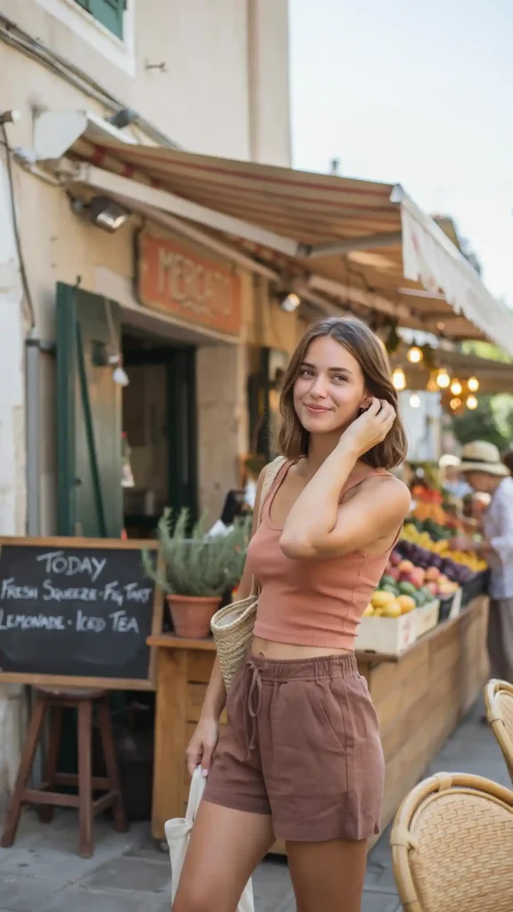 Brown-Linen-Drawstring-Shorts-With-Cantaloupe-Color-Cropped-Tank-Top Brown Linen Drawstring Shorts With Cantaloupe Color Cropped Tank Top