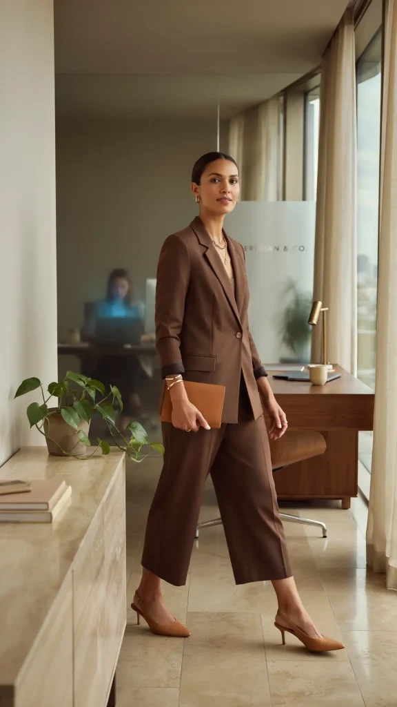 Brown-Minimal-Blazer-With-Culottes-Modern-Corporate-Summer-Look Brown Minimal Blazer With Culottes Modern Corporate Summer Look