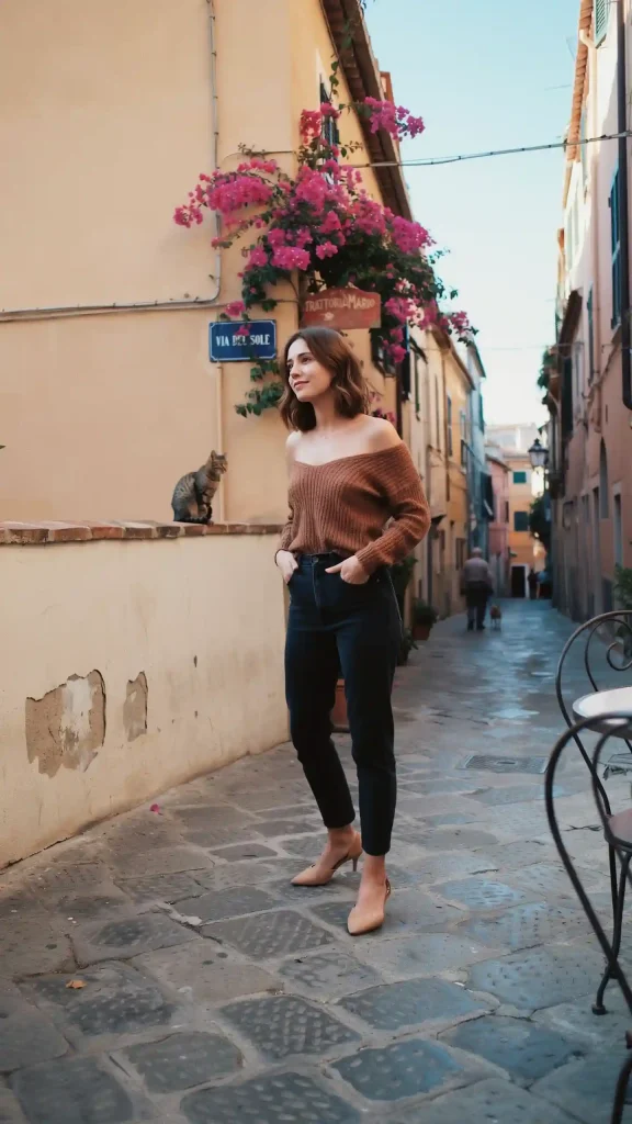 Brown-Off-Shoulder-Top-With-High-Waist-Dark-Jeans Brown Off-Shoulder Top With High-Waist Dark Jeans