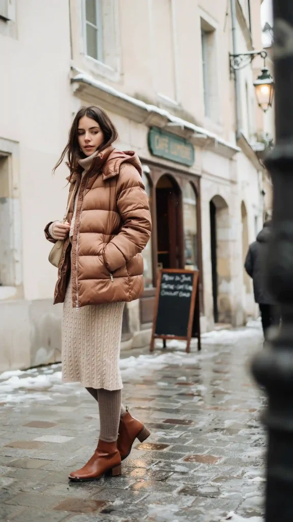 Brown-Puffer-Coat-Over-Midi-Knit-Skirt Brown Puffer Coat Over Midi Knit Skirt