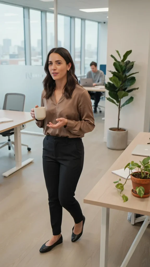 Brown-Satin-Blouse-With-Black-Tailored-Trousers Brown Satin Blouse With Black Tailored Trousers