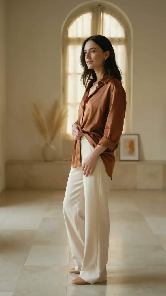 Brown-Satin-Shirt-With-Cream-Wide-Leg-Pants-In-Warm-Neutral-Tones Brown Satin Shirt With Cream Wide-Leg Pants In Warm Neutral Tones