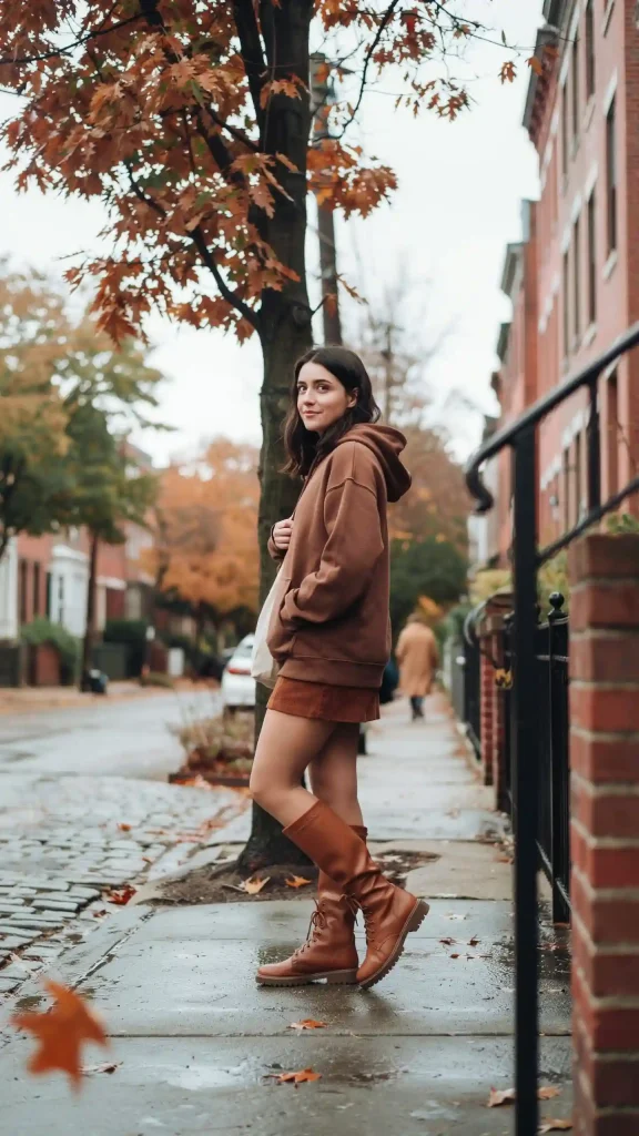 Brown-Suede-Mini-Skirt-With-Oversized-Hoodie Brown Suede Mini Skirt With Oversized Hoodie