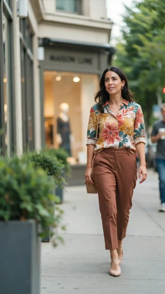 Brown-Tailored-Trousers-With-Colorful-Printed-Blouse Brown Tailored Trousers With Colorful Printed Blouse