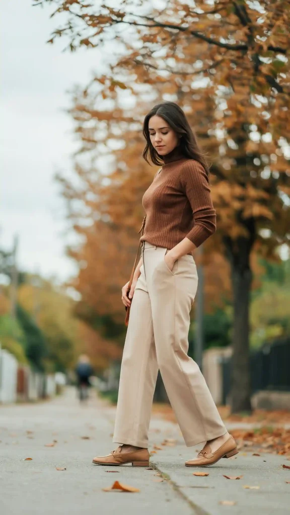 Brown-Turtleneck-With-Beige-Wide-Leg-Trousers Brown Turtleneck With Beige Wide-Leg Trousers