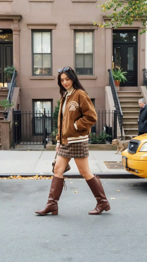 Brown-Varsity-Jacket-With-Mini-Skirt Brown Varsity Jacket With Mini Skirt