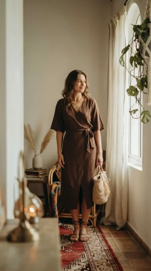 Brown-Wrap-Dress-with-Leather-Sandals-and-Boho-Accessories-Look Brown Wrap Dress with Leather Sandals and Boho Accessories Look