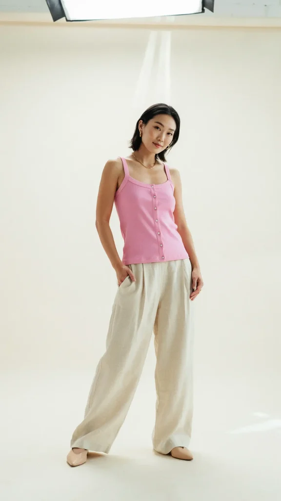 Bubble-Gum-Button-Tank-Top-with-Beige-Wide-Leg-Trousers Bubble Gum Tank Top with Beige Wide Leg Trousers