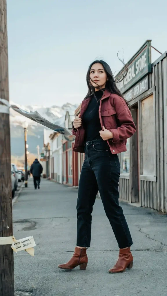 Burgundy-Cropped-Jacket-With-Dark-High-Waist-Blue-Denim-Fitted-Turtleneck Burgundy Cropped Jacket With Dark High Waist Blue Denim & Fitted Turtleneck