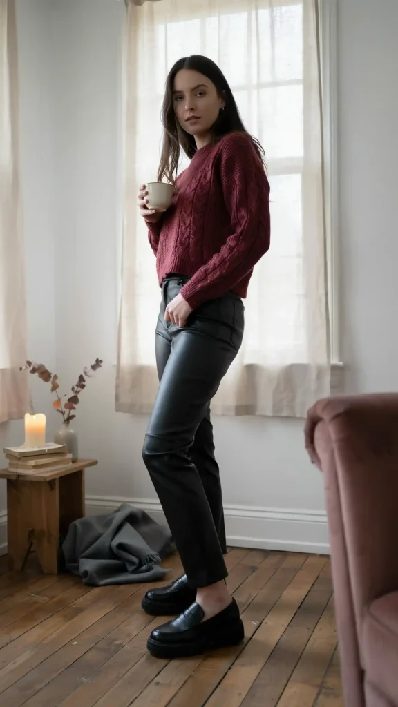 Burgundy-Knit-Sweater-with-Black-Faux-Leather-Pants-and-Platform-Loafers Burgundy Knit Sweater with Black Faux Leather Pants and Platform Loafers