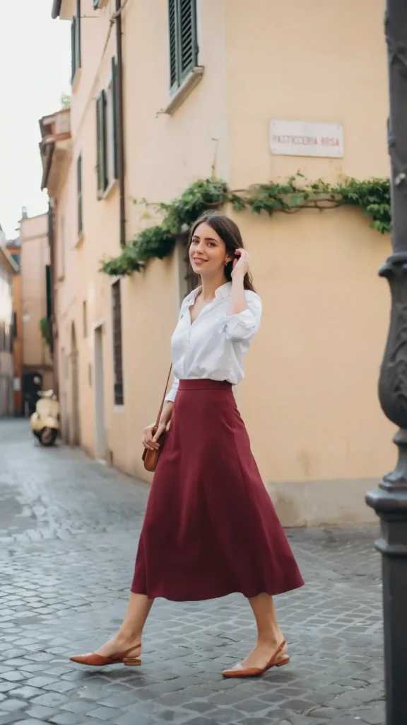 Burgundy-Midi-Skirt-With-A-Tucked-In-White-Shirt Burgundy Midi Skirt With A Tucked-In White Shirt