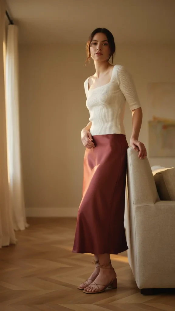Burgundy-Slip-Skirt-Paired-with-an-Ivory-Square-Neck-Top-and-Tan-Sandals Burgundy Slip Skirt Paired with an Ivory Square Neck Top and Tan Sandals