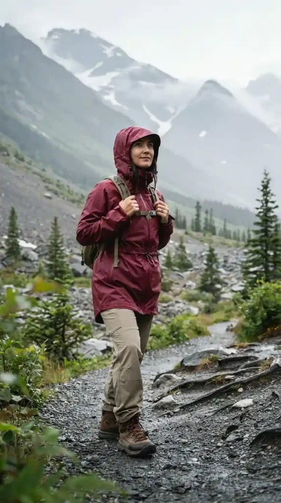 Burgundy-Waterproof-Parka-With-Cargo-Pants-For-Rainy-Days Burgundy Waterproof Parka With Cargo Pants For Rainy Days